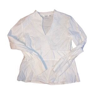 Ravel Size Medium Shirred White V Neck Side Zip Long Sleeve Dress Shirt Blouse